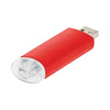 A red flash drive with a clear cap and a logo on the side, designed for data storage and transfer.