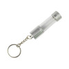 A silver USB flash drive with a clear casing, attached to a keychain. It features a circular keyring.