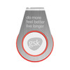 A silver and red flash drive with a circular design and a logo. Features text in a sleek font.