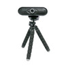 A black webcam camera mounted on a flexible tripod, featuring a textured surface and a lens.