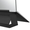 A slim black laptop stand with a sleek silver surface, designed for optimal device support. It features a minimalist design and branding.
