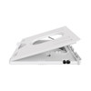 A white foldable laptop stand with an adjustable angle and ventilation holes, featuring a branding logo.