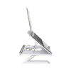 A foldable laptop stand in white, designed to elevate a laptop at an adjustable angle.