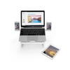 A foldable laptop stand in silver, featuring two phone holders and a tablet, with a laptop displaying vibrant imagery.
