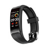 A black smart band featuring a rectangular display with various icons and a textured strap. It has a logo.