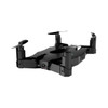A foldable black drone with four rotors, featuring a compact design and a camera lens.