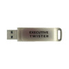 A silver flash drive with a twist design and a branding logo. It features a USB 3.0 connection for technology use.