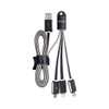 A flat multi-charge cable in black with a holder, featuring three different connectors and a logo.