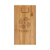 A bamboo wireless power bank in a natural finish with a logo and indicator lights.