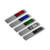 A set of four LED flash drives in silver with illuminated panels in red, blue, green, and black. Each has a logo.