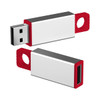 A silver and red flash drive with a textured red loop for attaching to keychains. Features branding on one side.