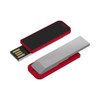 A red and silver Jonah LED clip flash drive with a sliding USB connector and a smooth design, featuring a logo.