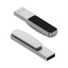 A silver LED flash drive with a black and white design, featuring a sleek and modern profile.