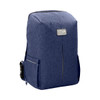 A navy blue backpack with a sleek design, featuring side pockets and a visible logo.