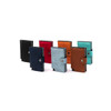 A collection of vegan RFID wallets in black, red, teal, brown, and other colours, featuring a button closure and branding.