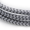 A close-up of a braided charging cable in grey and black, featuring a textured design and a logo.