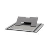 A grey clipboard organiser with a tablet stand, featuring a textured surface and elastic closure. It has a logo.