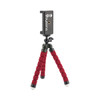 A small tripod with red rubber legs and a black mounting plate for attaching devices. Features a branding logo.
