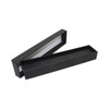 A black two-part pen box with a sleek design and a foam interior for cushioning. It features a transparent top section.
