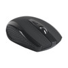 A black wireless mouse featuring a scroll wheel and side buttons, with a textured grip on the underside.