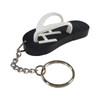A custom moulded flash drive shaped like a black flip-flop with a white thong and attached keychain.