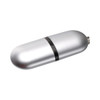 A silver flash drive with a sleek, oval design and a black accent band in the centre, featuring a branding logo.