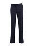 A pair of dark navy relaxed pants with a straight leg and front pockets. The pants feature a button closure and a logo.
