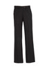 A pair of black women's slacks with an adjustable waist and straight leg design. Features a button closure and belt loops.