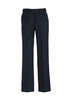 A pair of women's slacks in dark navy, featuring an adjustable waist and a straight-leg design.