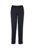 Navy women's slim leg pants with a button closure, featuring a sleek design and side pockets. Includes a logo.