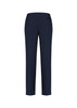 Navy blue women's slim leg pants with a bandless design and a single back pocket. Includes a logo.