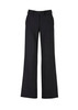 A pair of women's black wool stretch pants with an adjustable waist, featuring a classic fit and straight legs.