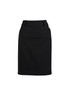 A black women's multi-pleat skirt with a fitted waist and sleek design, featuring a logo.