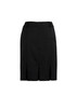 A black multi-pleat skirt featuring a zip closure and a sleek design, with a logo on the waistband.