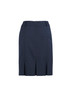 A navy multi-pleat skirt featuring a fitted design and a back zip. It has a branding logo on it.