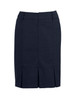 A dark navy wool stretch skirt featuring multi-pleats and a zipper closure at the back.