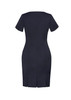 A navy short sleeve shift dress with a fitted silhouette and back zip, featuring slit details at the hem.