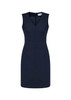 A sleeveless, navy blue V-neck dress with a fitted silhouette and a zip closure at the back, featuring a logo.