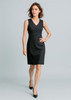 A sleeveless black dress with a V-neck design, featuring a fitted silhouette and a smooth finish.