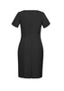 A black short sleeve shift dress with a fitted design and back zip closure. It features a split at the hem.