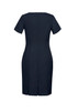 A fitted, short sleeve shift dress in navy, featuring a back zipper and subtle dart detailing.