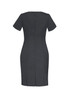 A short sleeve shift dress in dark grey wool stretch with a fitted silhouette and back zip closure.