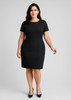 A black short sleeve shift dress with a fitted silhouette, featuring a round neckline and a subtle logo.
