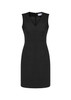 A sleeveless, V-neck dress in black with a fitted silhouette and a zipper at the back.