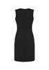 A black sleeveless dress featuring a V-neck design and a back zipper. The dress has a fitted silhouette and a slit at the back.