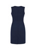 A navy sleeveless V-neck dress featuring a fitted silhouette and a back zip closure.