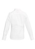 A white long sleeve women's button-up shirt, featuring a classic collar and buttoned cuffs, with a logo on the back.