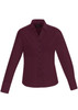 A burgundy long sleeve button-up shirt for women, featuring a classic collar and button closure. It has a logo.