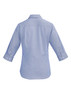 A light blue women's button-up shirt with 3/4 sleeves and a collar, featuring a logo on the back.