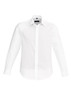 A white long sleeve button-up shirt with a collar, featuring a logo on the inside.